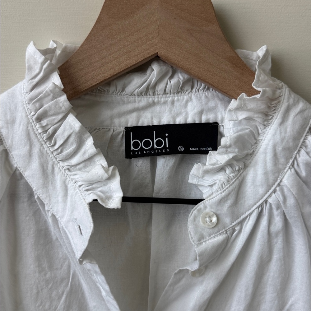 bobi White Ruffle-Neck Button-Down Blouse - Picture 2 of 6